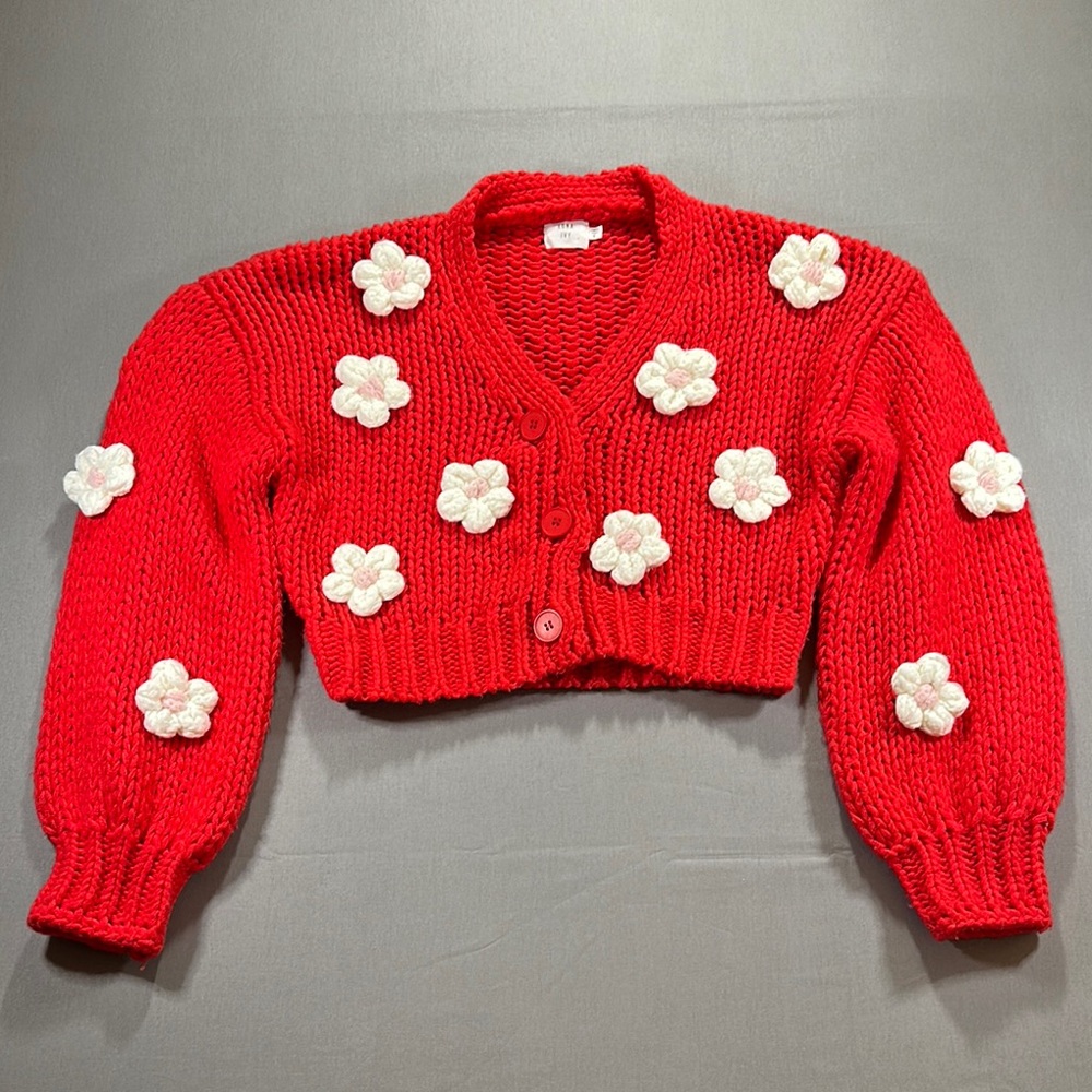 Anthropologie Luna Ivy 3D Crochet Flower Appliqué Cropped Cardigan Sweater Small